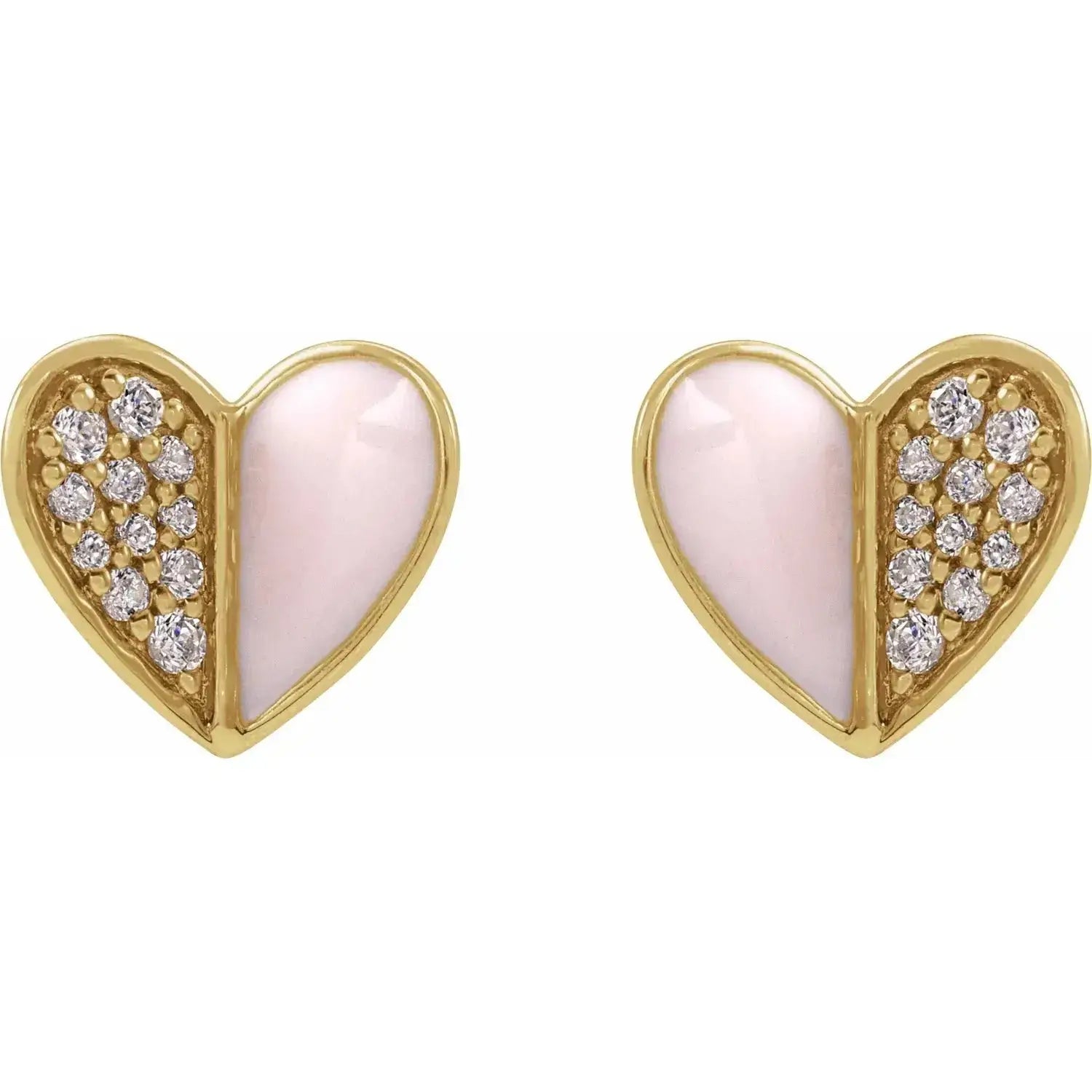 Close-up photo of diamond pink enamel heart earrings in 14K gold, handcrafted in NYC.