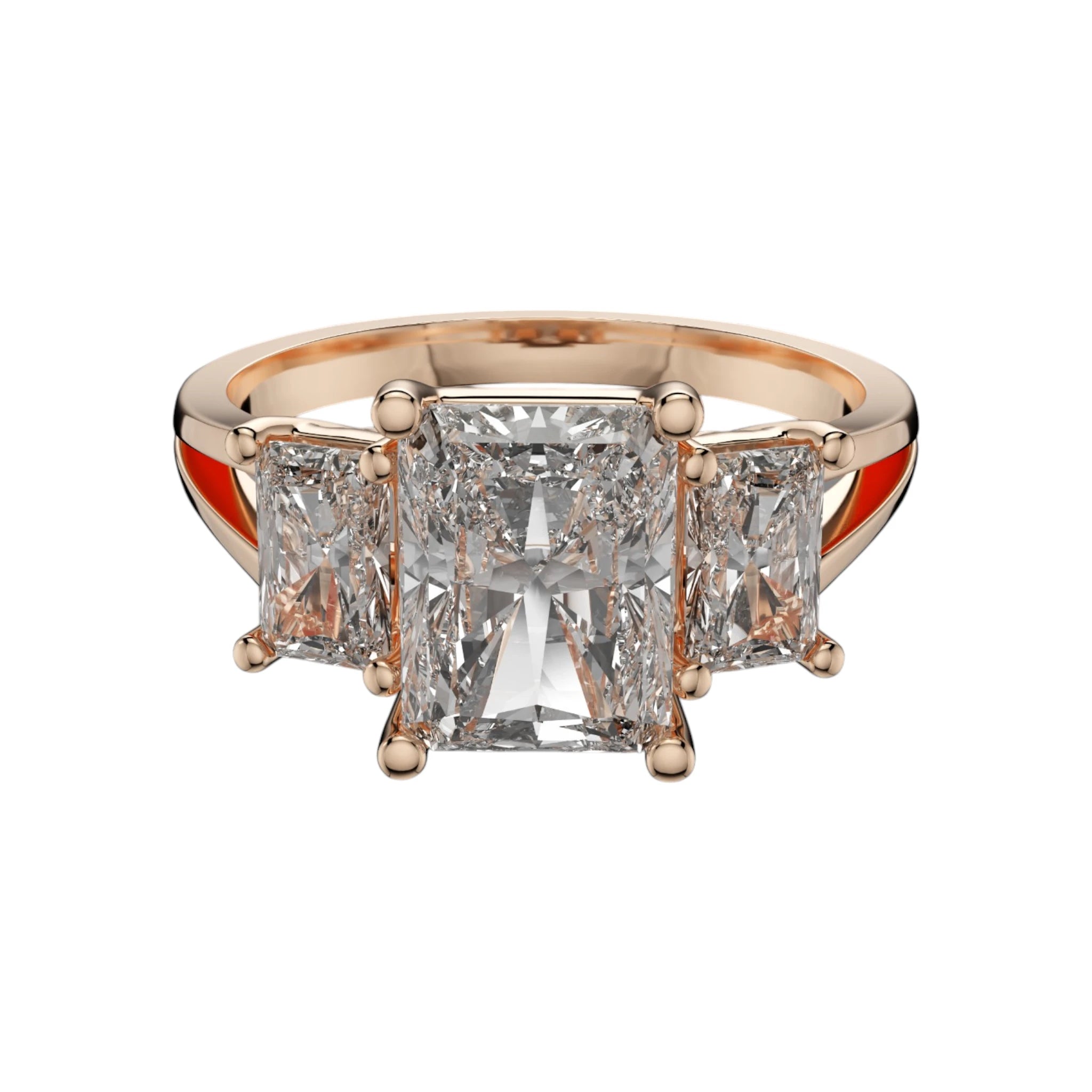 Three stone radiant engagement ring in 14K rose gold with IGI certified 2CT center